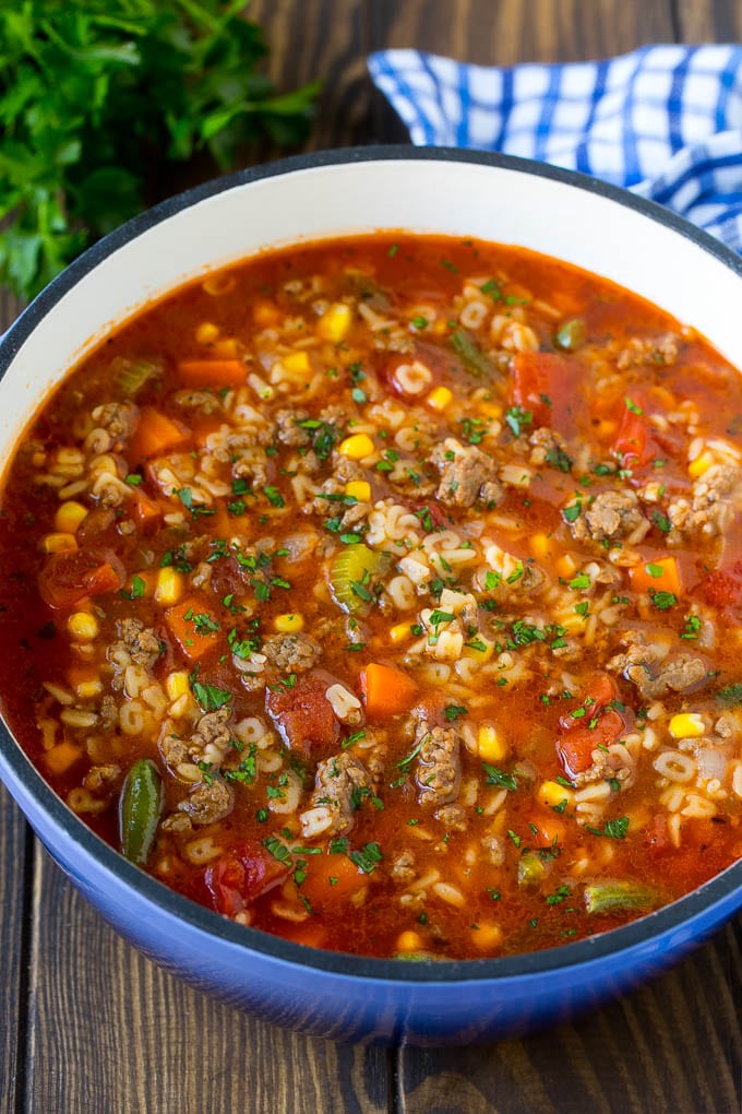 Alphabet Soup Recipe | Hamburger Soup | Beef and Vegetable Soup #soup #hamburger #noodles #dinner #ezlod #carrots A pot of alphabet soup with ground beef and vegetables.