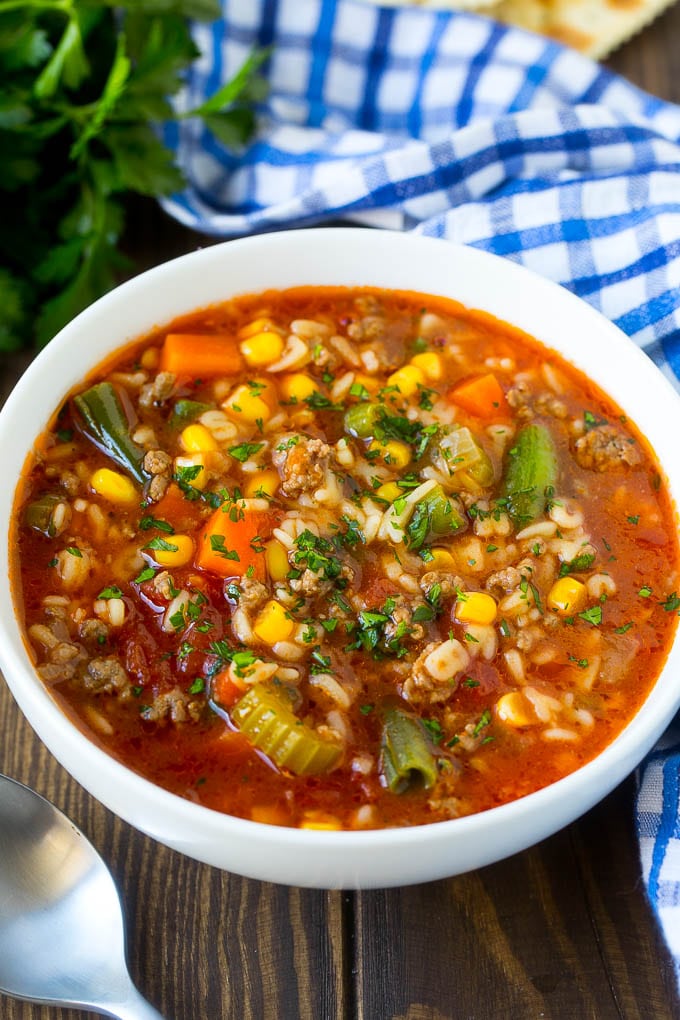 Alphabet Soup Recipe | Hamburger Soup | Beef and Vegetable Soup #soup #hamburger #noodles #dinner #ezlod #carrots A bowl of alphabet soup with beef and vegetables in a tomato broth.