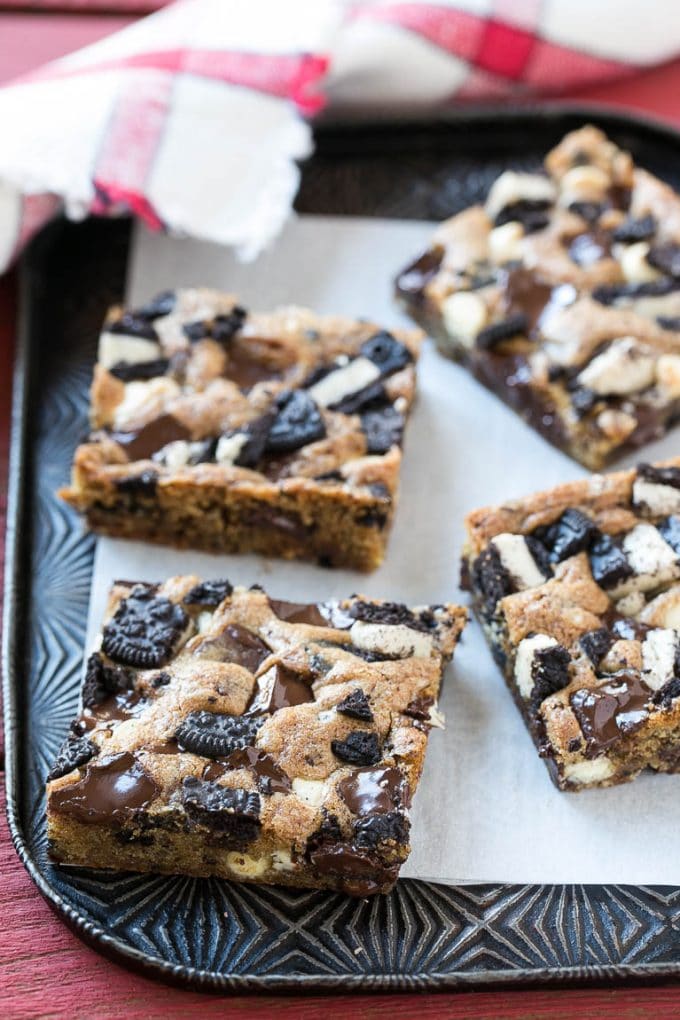 Cookies and Cream Bars Recipe | Oreo Bars | Blondie Recipe #chocolate #oreo #blondies #baking #cookies #ezlod Cookies on a sheet pan.