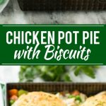 This recipe for biscuit chicken pot pie is a creamy mixture of seasoned chicken, vegetables and herbs that's been topped with flaky cheddar biscuits and baked to perfection.