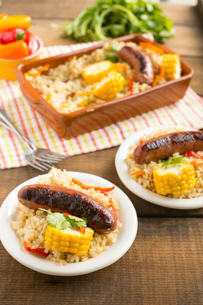 This sausage and rice bake is full of summer vegetables and is a complete meal in one pot!