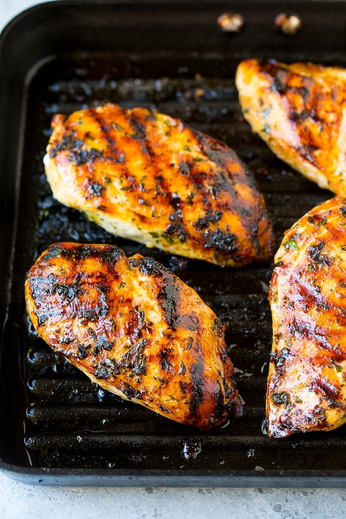 Grilled Chicken Breast Recipe | Marinated Chicken Breast | Chicken Marinade #chicken #grilling #marinade #summer #dinner #ezlod Chicken breasts cooked on a grill pan.