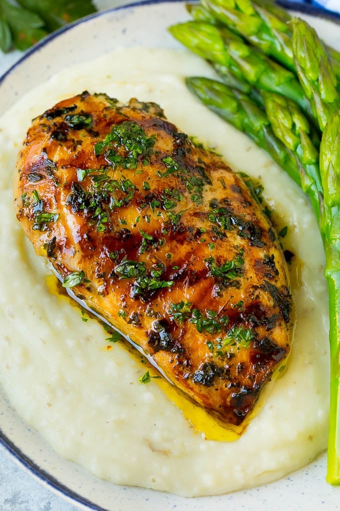 Grilled Chicken Breast Recipe | Marinated Chicken Breast | Chicken Marinade #chicken #grilling #marinade #summer #dinner #ezlod Grilled chicken breast served with mashed potatoes and asparagus.