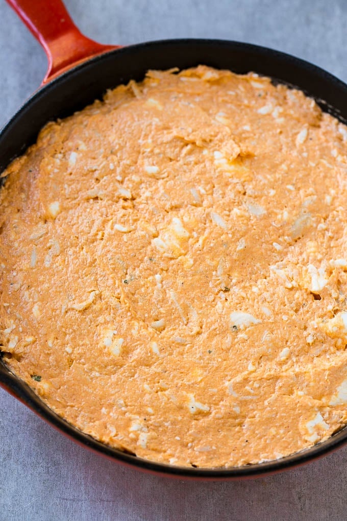 Buffalo Ranch Chicken Dip | Buffalo Chicken Dip | Baked Buffalo Dip | Cheesy Buffalo Dip #buffalowings #buffalochicken #dip #lowcarb #appetizer #ezlod The base layer of cream cheese, meat, ranch and hot sauce.