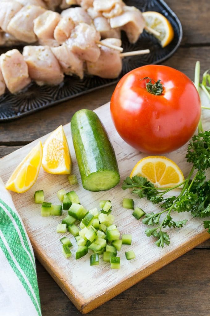 Greek Chicken Souvlaki Recipe | Easy Greek Chicken | Chicken Souvlaki | Greek Chicken Skewers | Easy Greek Chicken Skewers #chicken #kabobs #glutenfree #keto #lowcarb #grilling #ezlod Ingredients for the cucumber yogurt sauce.