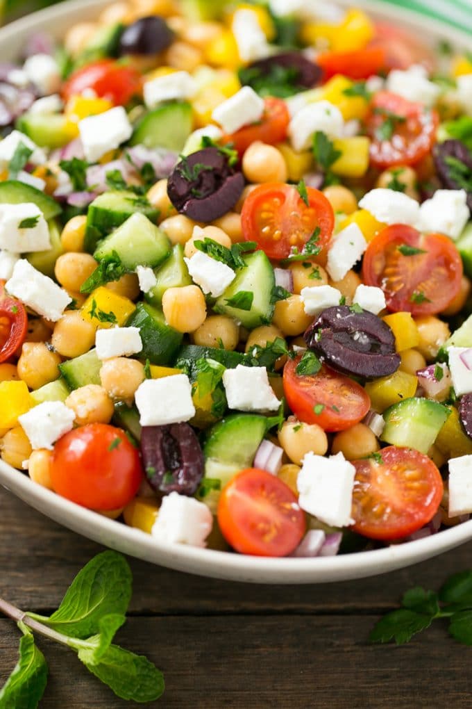 Greek Salad | Chopped Greek salad | Chopped Salad #salad #vegetarian #cheese #chickpeas #lunch #ezlod A bowl of Greek salad made with chopped vegetables.