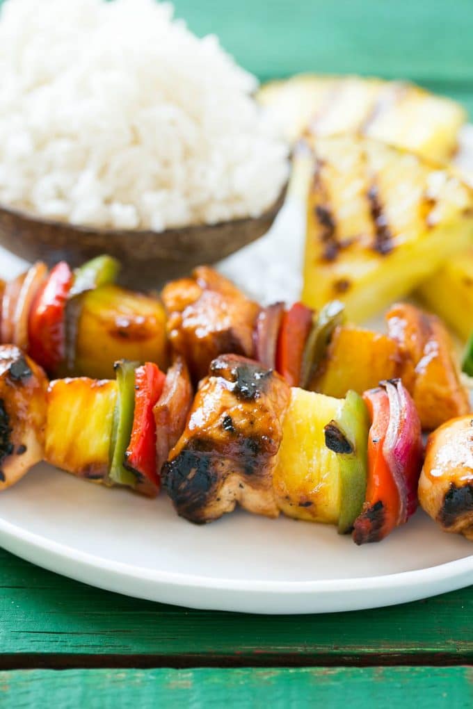 Hawaiian Chicken Kabobs Recipe | Hawaiian Chicken Kabobs | Chicken Pineapple Kabobs #pineapple #chicken #grilling #dinner #ezlod Hawaiian chicken kabobs served with coconut rice.
