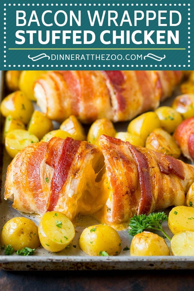 Bacon Wrapped Stuffed Chicken Breast Recipe | Sheet Pan Chicken #chicken #dinner #onepan #bacon #potatoes #ezlod
