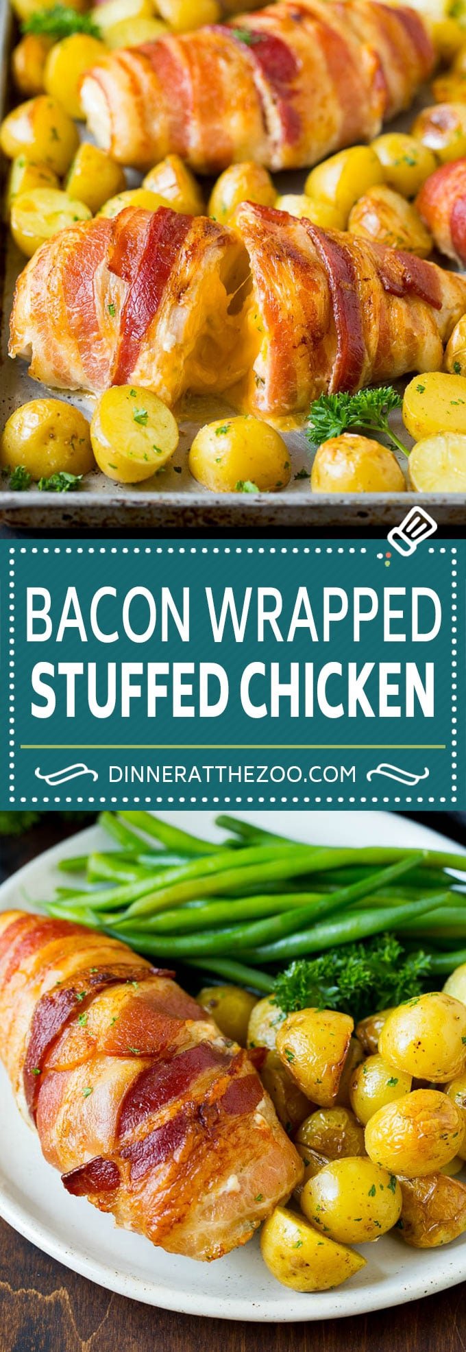 Bacon Wrapped Stuffed Chicken Breast Recipe | Sheet Pan Chicken #chicken #dinner #onepan #bacon #potatoes #ezlod