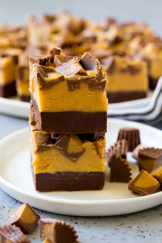 Chocolate Peanut Butter Fudge Recipe | Peanut Butter Cup Fudge | Easy Fudge Recipe #chocolate #peanutbutter #fudge #baking #dessert #ezlod Stacked pieces of chocolate peanut butter fudge on a plate.