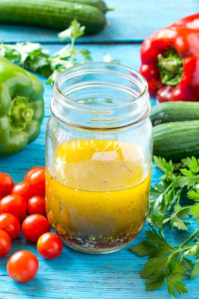 Spaghetti Salad Recipe | Pasta Salad | Potluck Recipe | Easy Pasta Salad #spaghetti #pasta #salad #ezlod Homemade Italian dressing in a jar.