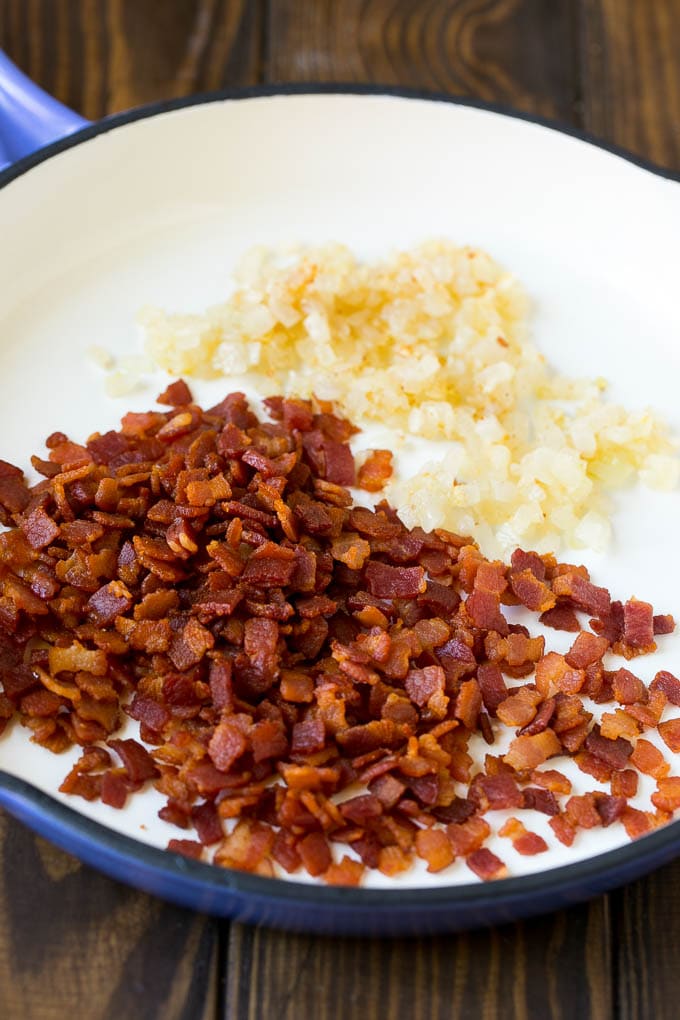 Butternut Squash Pasta Recipe #pasta #squash #bacon #fall #dinner #ezlod Bacon, onions and garlic in a skillet.