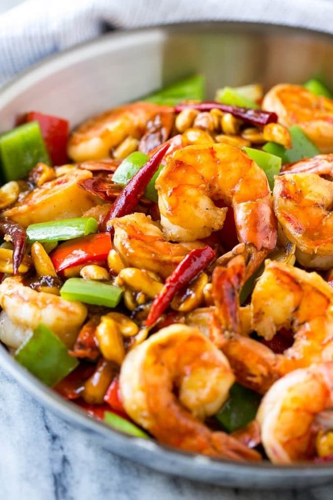 Kung Pao Shrimp | Shrimp Recipe | Shrimp Stir Fry | Easy Shrimp Recipe #shrimp #stirfry #peppers #dinner #ezlod #spicy Shrimp in a savory and spicy sauce in a metal pan.