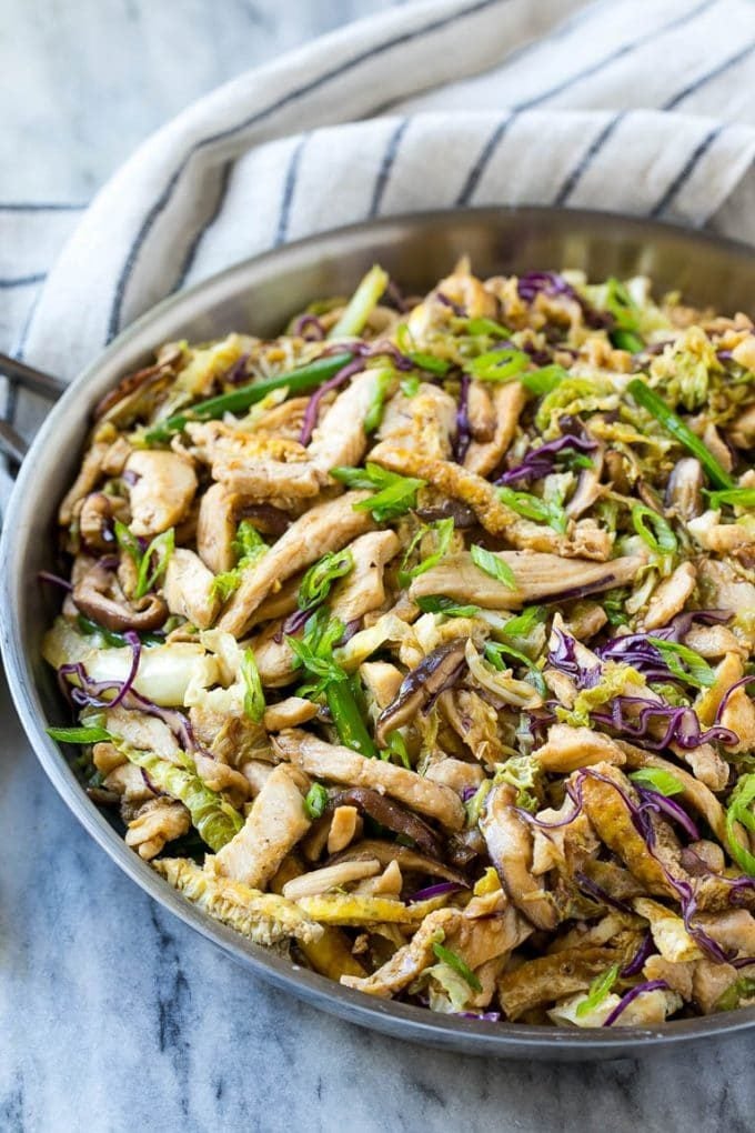 Moo Shu Chicken Recipe | Easy Chicken Recipe | Asian Chicken Recipe | Take Out Recipe | Easy Dinner Recipe #chicken #stirfry #mooshu #dinner #ezlod A skillet of moo shu chicken with eggs, cabbage and mushrooms.
