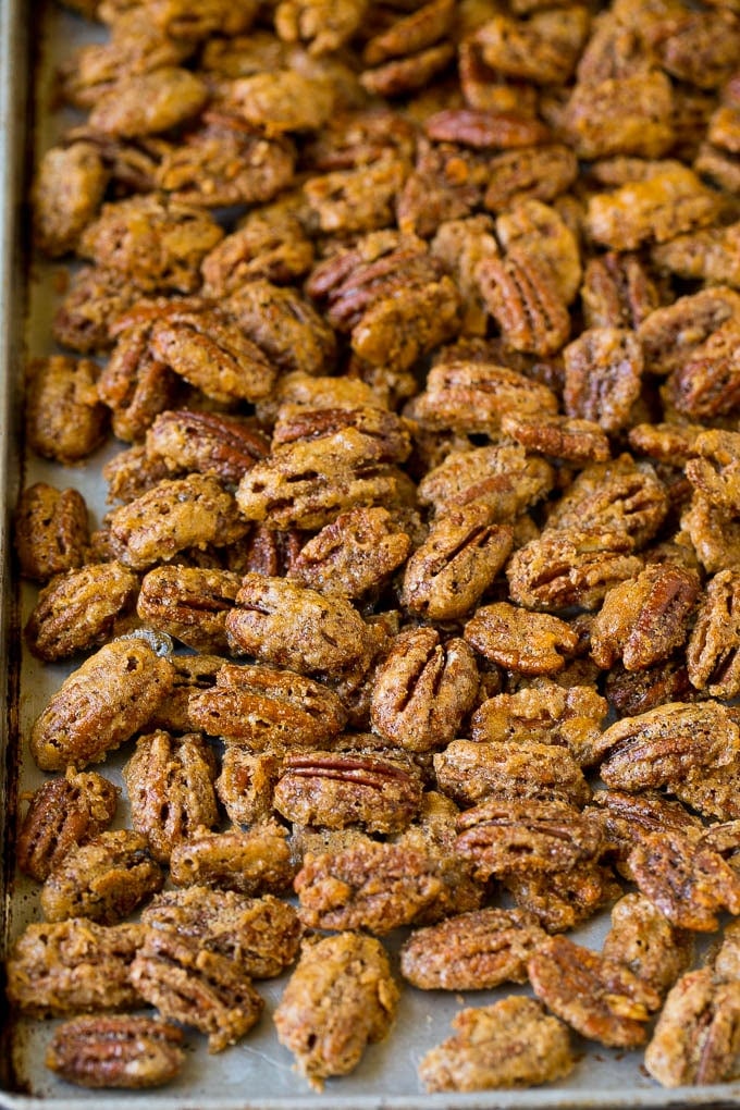Candied Pecans Recipe | Glazed Pecans | Sugared Pecans #pecans #nuts #snack #dessert #ezlod Cooked glazed nuts on a sheet pan.