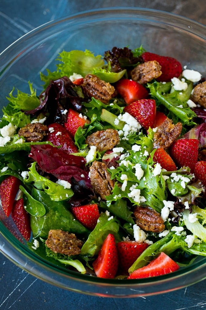 Candied Pecans Recipe | Glazed Pecans | Sugared Pecans #pecans #nuts #snack #dessert #ezlod Candied pecans in a salad with strawberries and feta cheese.