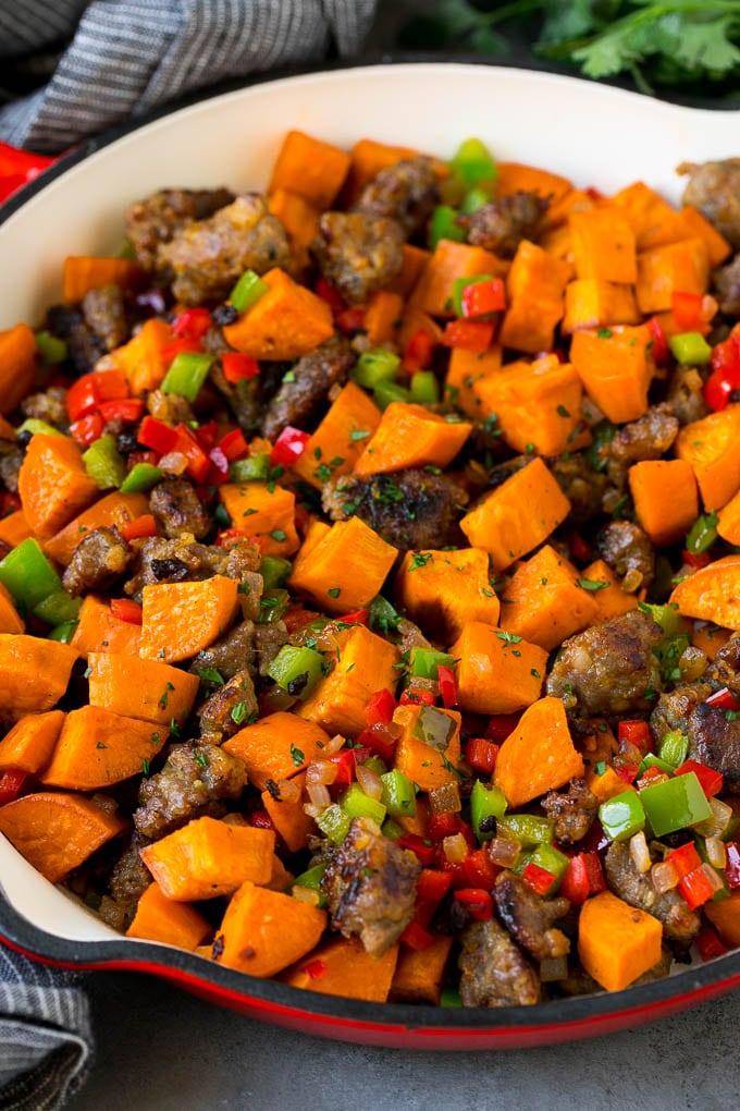 Sweet Potato Hash #sweetpotato #sausage #breakfast #brunch #ezlod Hash with sweet potatoes, sausage and vegetables.