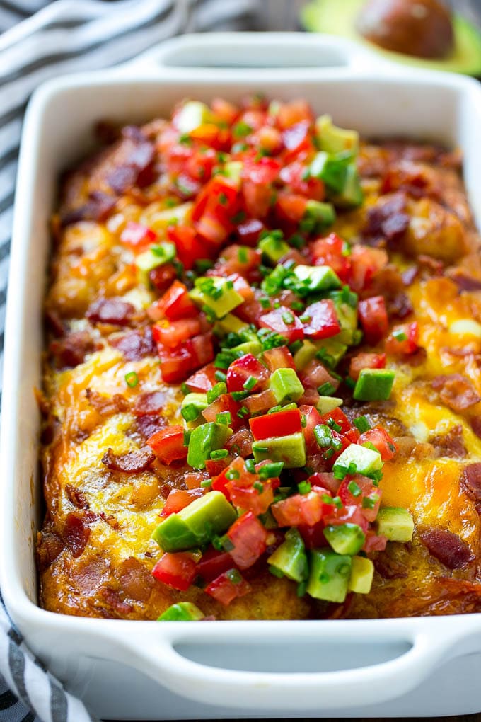 Breakfast Casserole with Bacon Recipe | Bacon and Egg Casserole | Egg Casserole with Bacon | Bacon Breakfast Casserole #eggs #bacon #casserole #breakfast #brunch #ezlod A baked egg dish with a topping of vegetables.