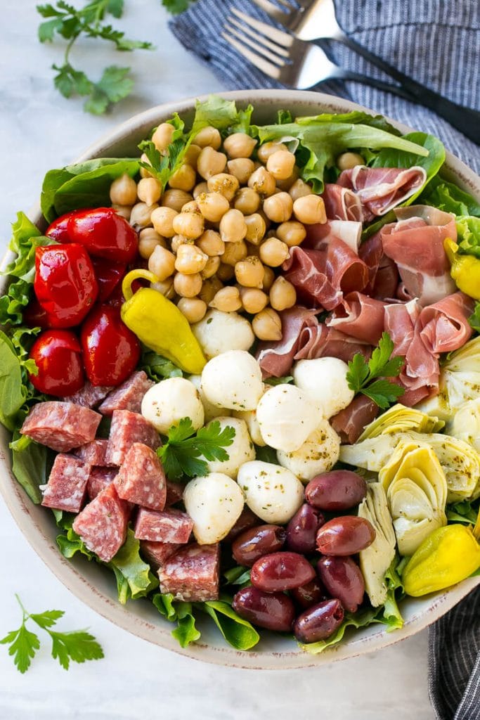Antipasto Salad Recipe | Italian Salad | Main Course Salad | Antipasto Recipe #salad #salami #italianfood #dinner #lunch #ezlod Antipasto salad made with salami, peppers, prosciutto, chickpeas and mozzarella.