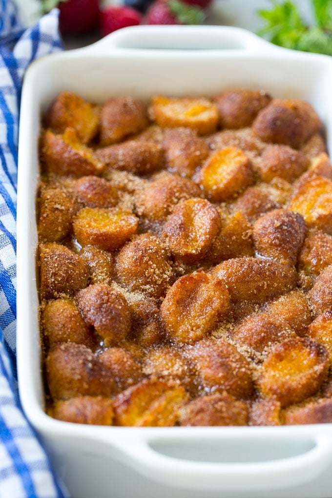 Donut Bread Pudding Recipe | Easy Bread Pudding | Cinnamon Donuts | Make Ahead Breakfast Recipe #breadpudding #donuts #donutholes #breakfast #ezlod A baking dish of cinnamon sugar donut bread pudding.