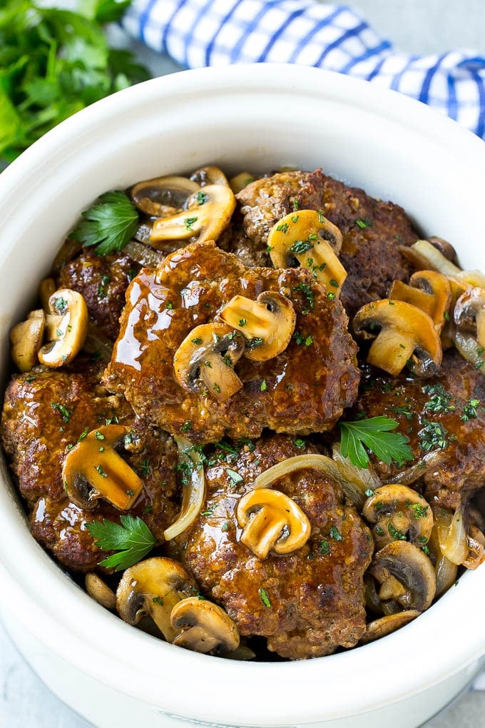 Slow Cooker Salisbury Steak Recipe | Homemade Salisbury Steak | Salisbury Steak from Scratch #steak #beef #salisbury #salisburysteak #slowcooker #crockpot #dinner #ezlod Slow cooker salisbury steak with mushroom, gravy and onions.