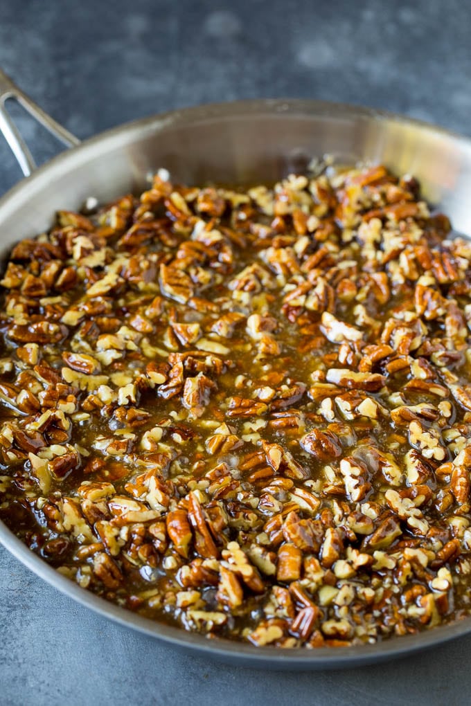 Pecan Pie Bars Recipe #pecans #pie #fall #pecanpie #dessert #thanksgiving #ezlod Pecan pie filling in a pan.