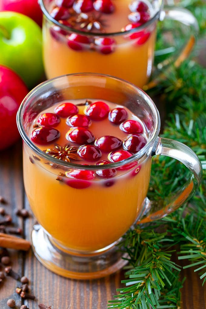 Slow Cooker Apple Cider | Mulled Apple Cider | Crockpot Apple Cider #cider #apple #applecider #drink #crockpot #slowcooker #ezlod Mugs of slow cooker apple cider garnished with cranberries.