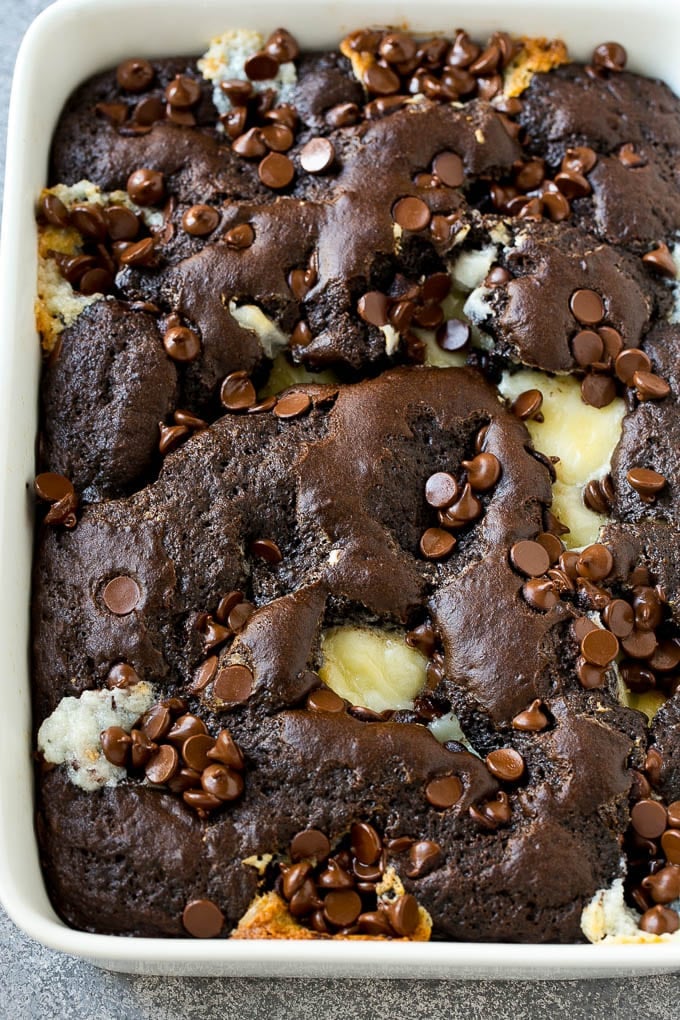 Earthquake Cake Recipe | Chocolate Cake Recipe | Chocolate Coconut Cake | Coconut Pecan Cake #cake #chocolate #coconut #pecans #dessert #chocolatecake #ezlod An overhead shot of chocolate cream cheese cake.