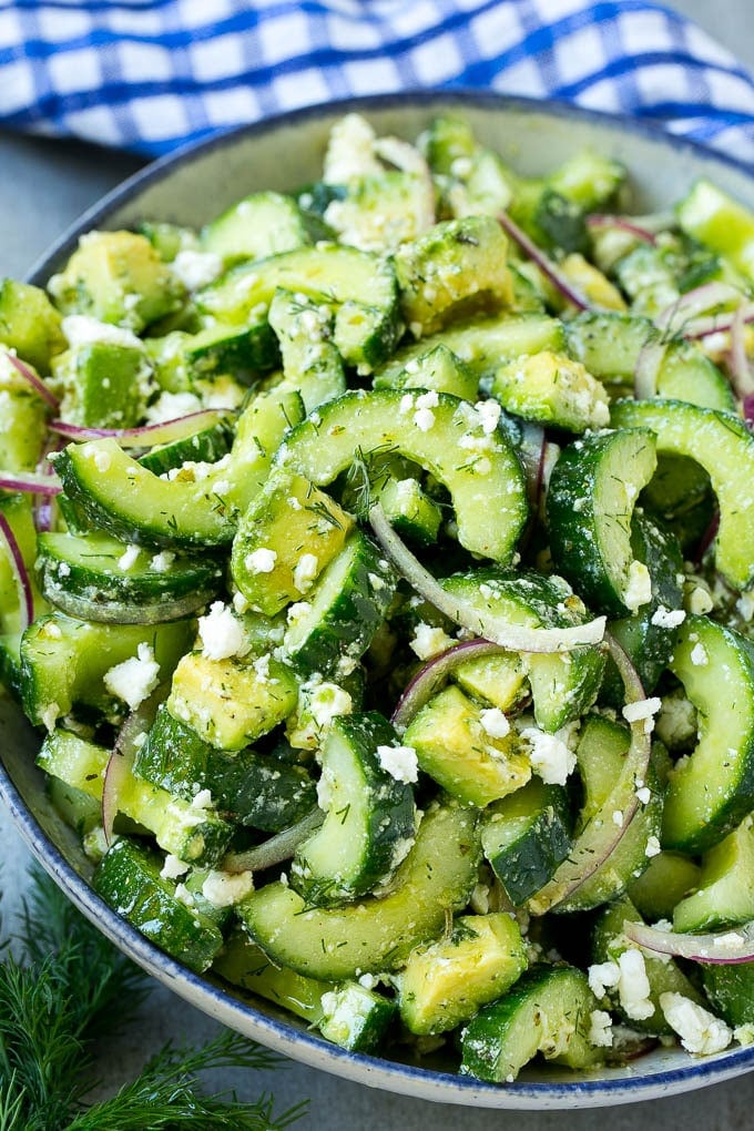 Cucumber Feta Salad Recipe | Cucumber Salad | Feta Cheese Salad | Summer Salad #salad #cucumber #ezlod Cucumber feta salad with avocado, dill and red onions, all tossed in a Greek style dressing.