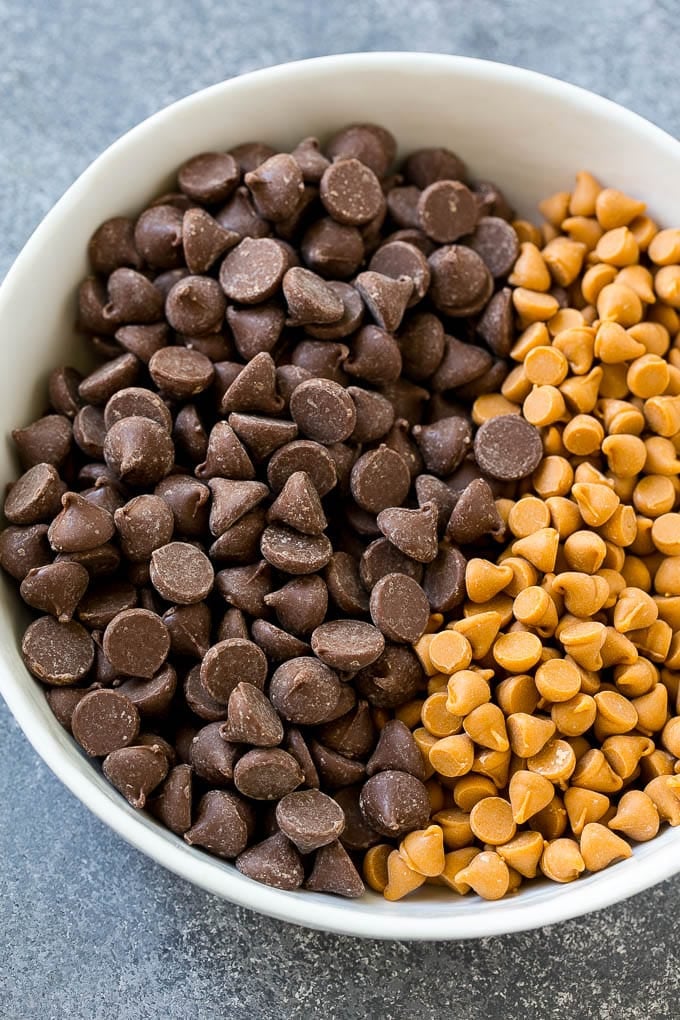 Haystack Cookies Recipe | No Bake Cookies | Chow Mein Noodle Cookies #nobakecookies #cookies #recipe #chocolate #ezlod A mixing bowl of milk chocolate and butterscotch chips.