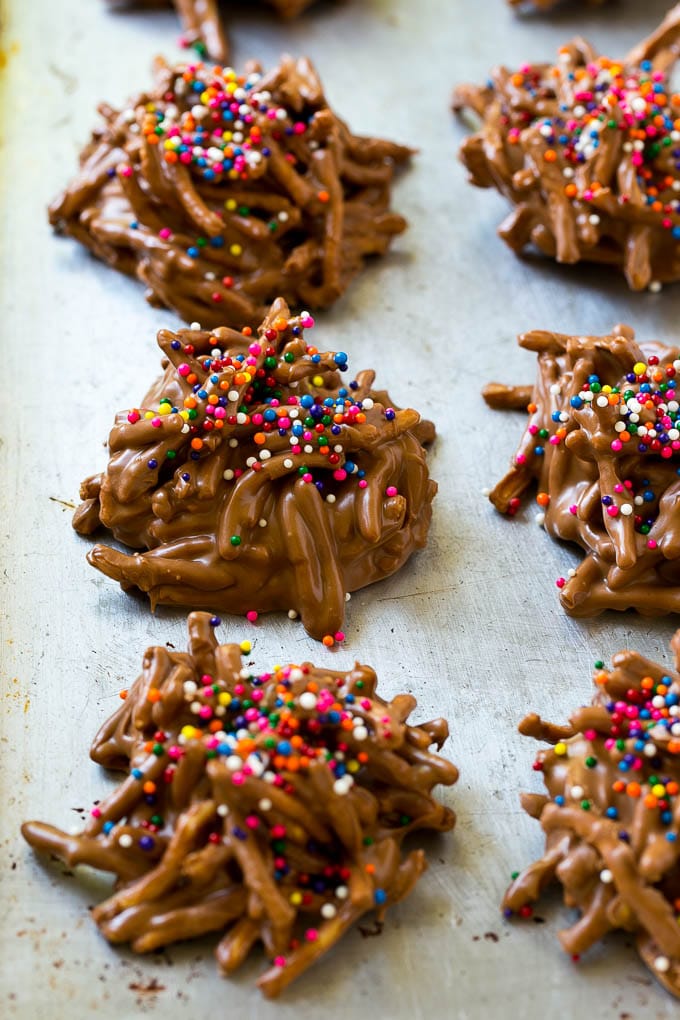 Haystack Cookies Recipe | No Bake Cookies | Chow Mein Noodle Cookies #nobakecookies #cookies #recipe #chocolate #ezlod Haystack cookies made with chow mein noodles on a baking sheet.