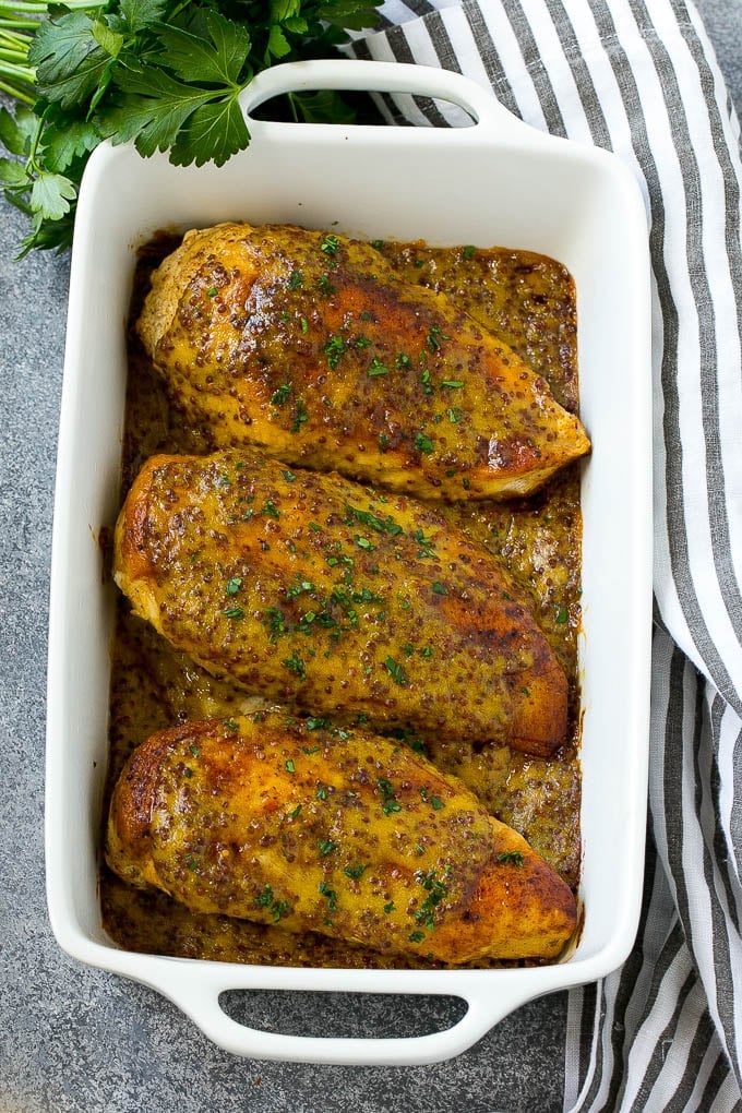 Honey Mustard Chicken Recipe | Baked Chicken Recipe | Easy Chicken Recipe #chicken #dinner #ezlod A baking dish of honey mustard chicken breasts.
