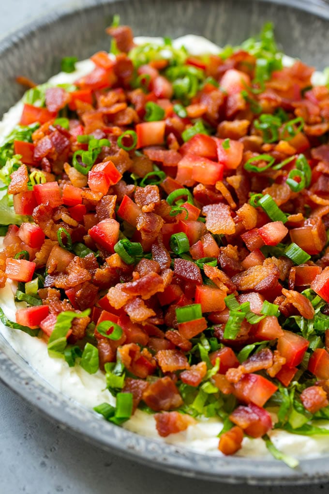 BLT Dip Recipe | Bacon Dip Recipe | Ranch Dip #dip #ranch #bacon #lettuce #tomato #appetizer #ezlod BLT dip with a creamy ranch base, lettuce, tomatoes and bacon.