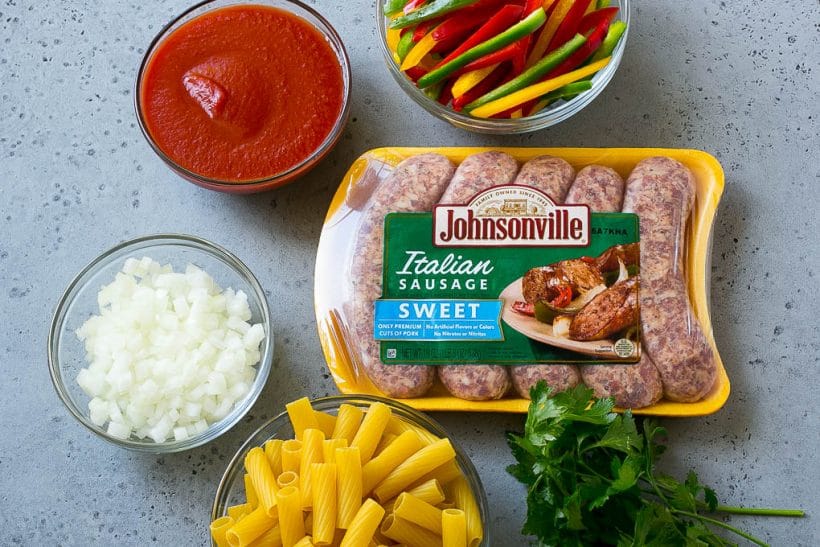 Sausage and Pepper Pasta Recipe | Italian Sausage Recipe | Sausage and Peppers | Easy Pasta #pasta #sausage #peppers #dinner #ezlod Ingredients like pork, tomato sauce onion and rigatoni.