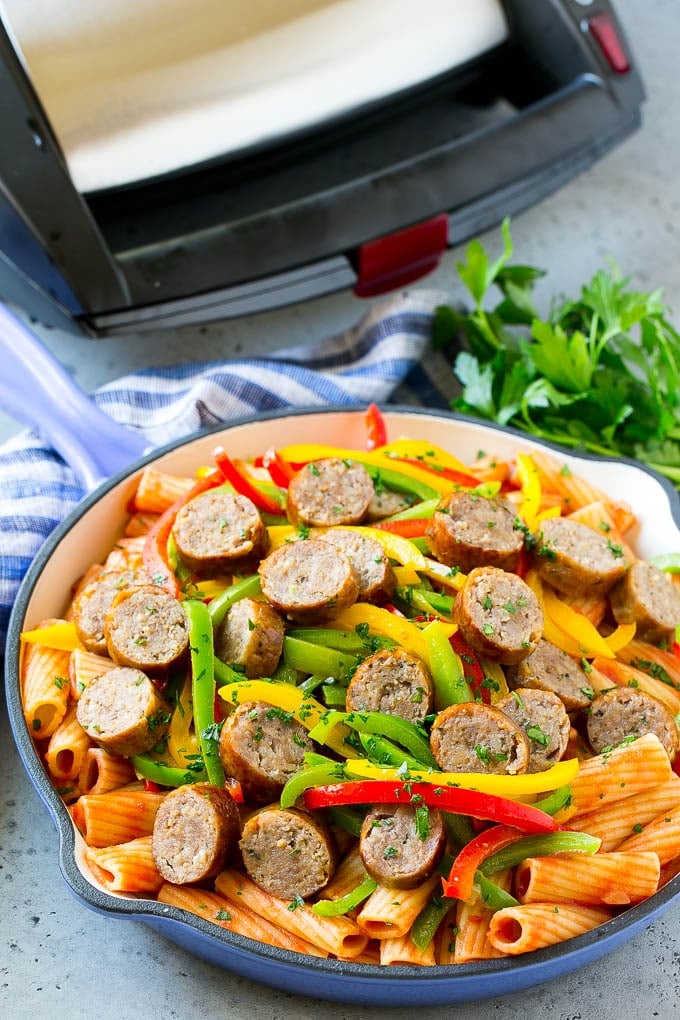 Sausage and Pepper Pasta Recipe | Italian Sausage Recipe | Sausage and Peppers | Easy Pasta #pasta #sausage #peppers #dinner #ezlod Finished pasta in a skillet.