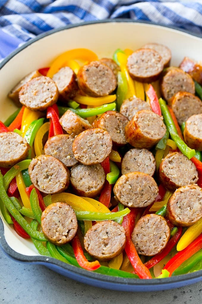 Sausage and Pepper Pasta Recipe | Italian Sausage Recipe | Sausage and Peppers | Easy Pasta #pasta #sausage #peppers #dinner #ezlod Sausage and peppers in a skillet.