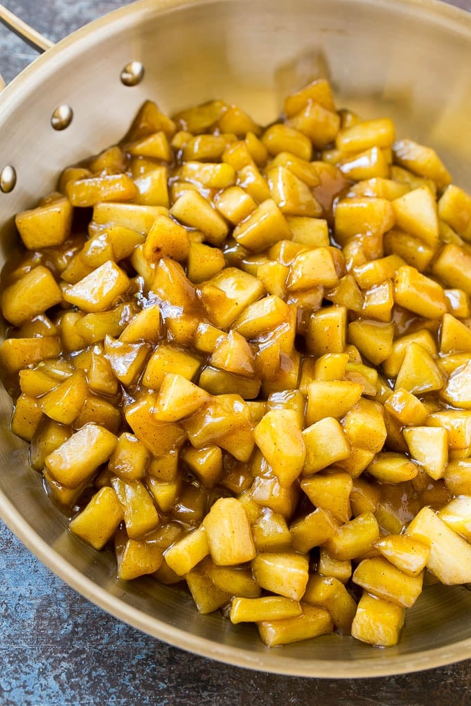 Fried Apple Pies Recipe | McDonald's Copycat Recipe | Apple Pie | Apple Hand Pies #pie #apples #applepie #dessert #snack #ezlod Homemade apple pie filling in a skillet.