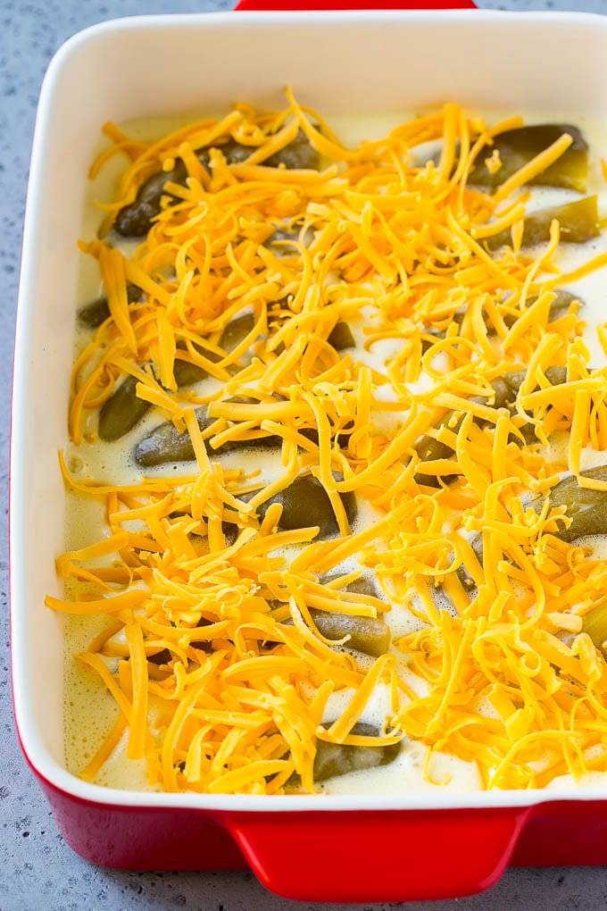 Chile Relleno Casserole Recipe | Baked Chile Rellenos | Mexican Casserole #casserole #chiles #mexican #cheese #dinner #ezlod Green chiles in an egg batter topped with shredded cheddar cheese.