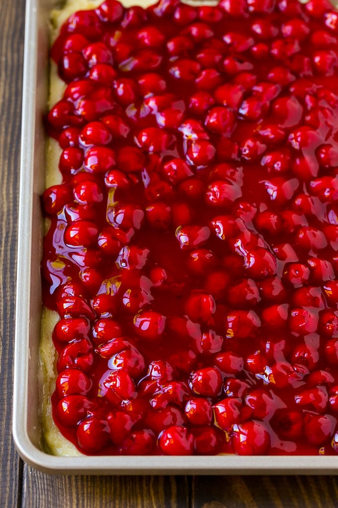 Cherry Bars Recipe | Cherry Pie Bars | Cherry Cookies | Bar Cookies #cookies #bars #cherry #baking #dessert #sweets #ezlod Filling spread over a cookie crust.