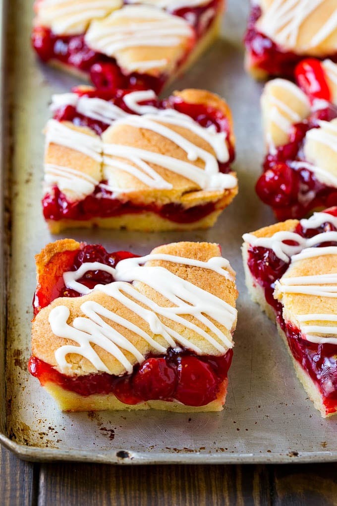 Cherry Bars Recipe | Cherry Pie Bars | Cherry Cookies | Bar Cookies #cookies #bars #cherry #baking #dessert #sweets #ezlod Cherry bars made with almond cookie dough on a sheet pan.