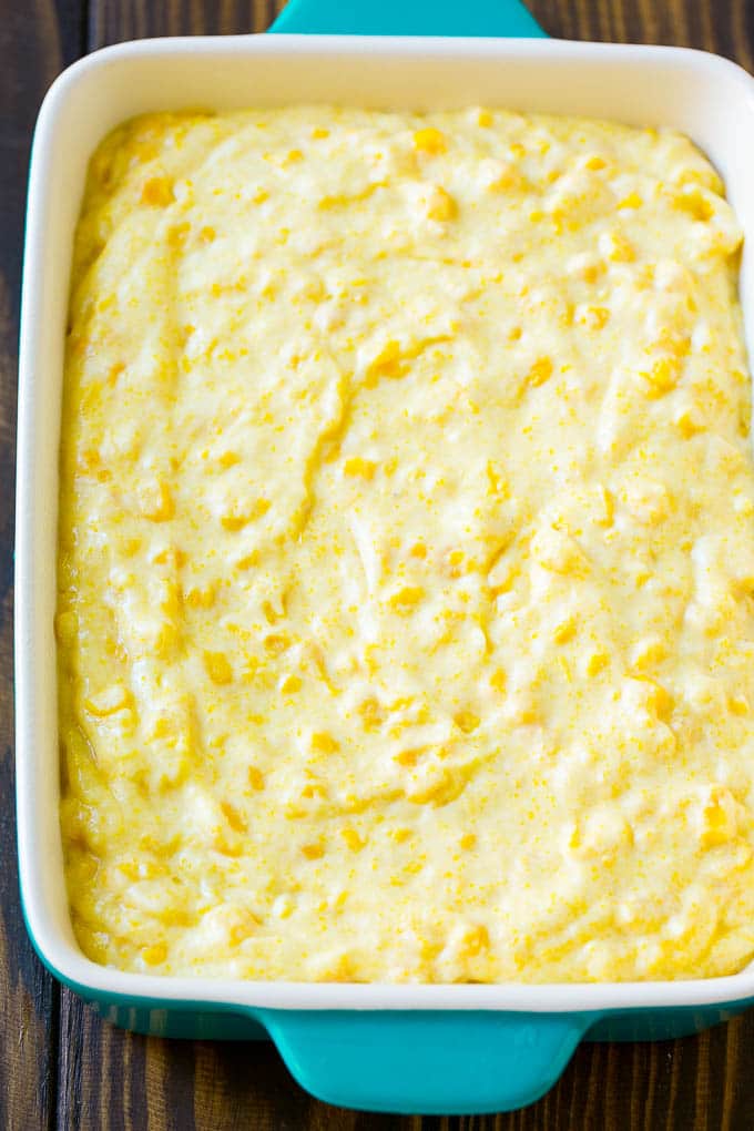 Corn Pudding Recipe | Corn Casserole | Corn Side Dish #corn #pudding #casserole #sidedish #thanksgiving #dinner #ezlod Batter spread into a baking dish.