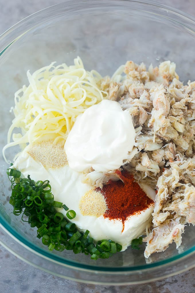 Crab Dip Recipe | Hot Crab Dip | Seafood Dip #dip #crab #seafood #appetizer #ezlod #cheese Crab, cream cheese, mayonnaise, green onions and spices in a mixing bowl.