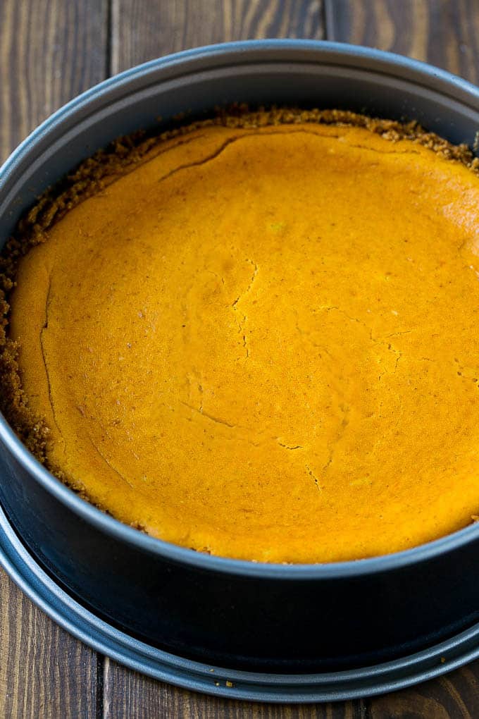 Pumpkin Cheesecake Recipe | Pumpkin Pie Cheesecake | Pumpkin Dessert #pumpkin #thanksgiving #dessert #cheesecake #fall #ezlod A baked cake inside of a springform pan.