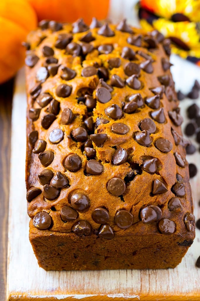 Pumpkin Chocolate Chip Bread Recipe | Pumpkin Bread | Chocolate Pumpkin Bread #pumpkin #bread #fall #chocolate #baking #dessert #ezlod A loaf of pumpkin chocolate chip bread.