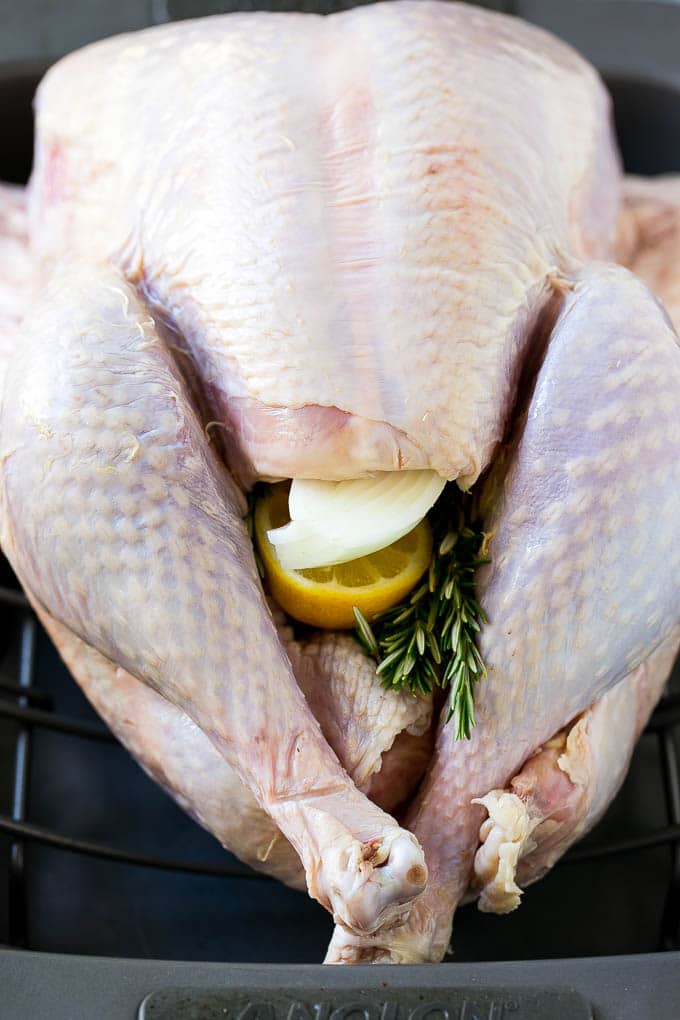 Roast Turkey Recipe | Thanksgiving Turkey | Holiday Turkey | Baked Turkey #turkey #thanksgiving #christmas #dinner #glutenfree #ezlod A raw bird with onion, lemon and herbs in the cavity.