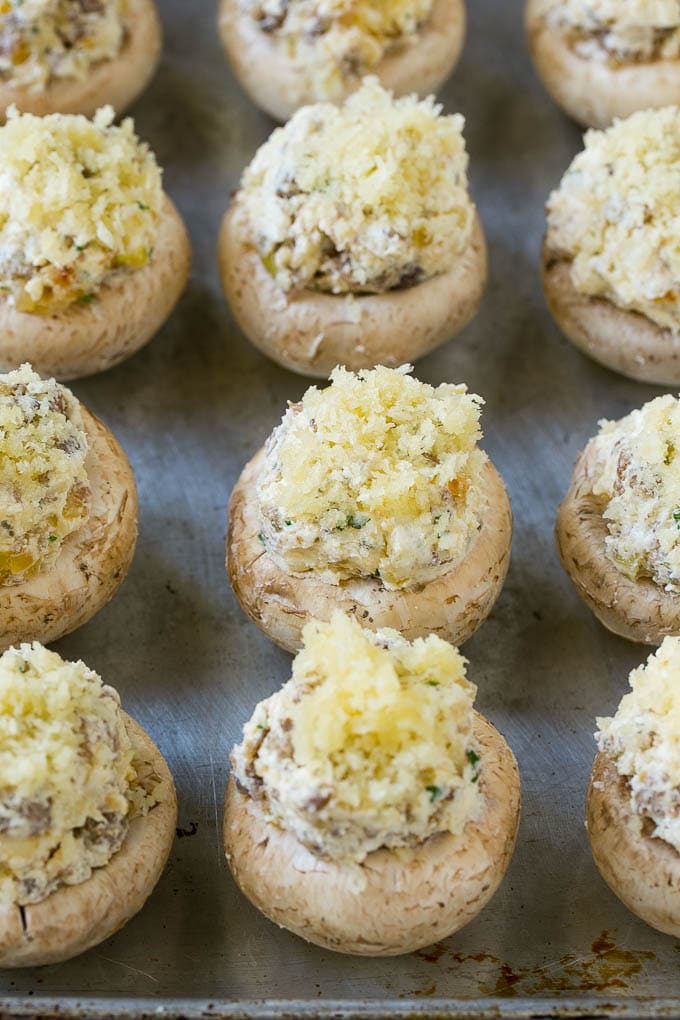 Sausage Stuffed Mushrooms Recipe | Stuffed Mushrooms | Mushroom Appetizer #mushrooms #sausage #appetizer #lowcarb #keto #ezlod Raw sausage stuffed mushrooms ready to go into the oven.
