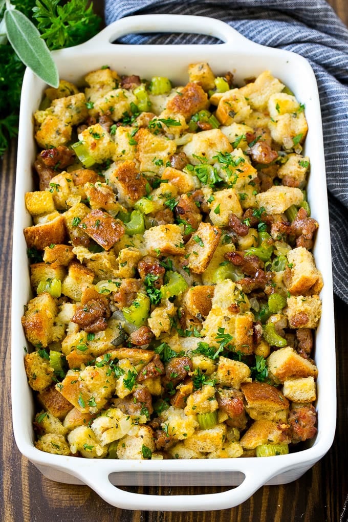 Sausage Stuffing Recipe | Thanksgiving Stuffing | Make Ahead Stuffing #stuffing #thanksgiving #sausage #sidedish #dinner #ezlod A baking dish of sausage stuffing made with Italian sausage, bread cubes and vegetables.