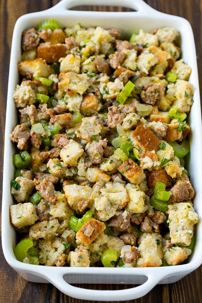 Sausage Stuffing Recipe | Thanksgiving Stuffing | Make Ahead Stuffing #stuffing #thanksgiving #sausage #sidedish #dinner #ezlod The ingredients for stuffing assembled in a pan and ready to go into the oven.