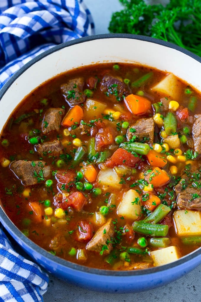 Vegetable Beef Soup Recipe | Beef Vegetable Soup | Beef Soup #beef #veggies #soup #dinner #glutenfree #ezlod Vegetable beef soup made with chunks of beef, carrots, potatoes, green beans, corn and peas.