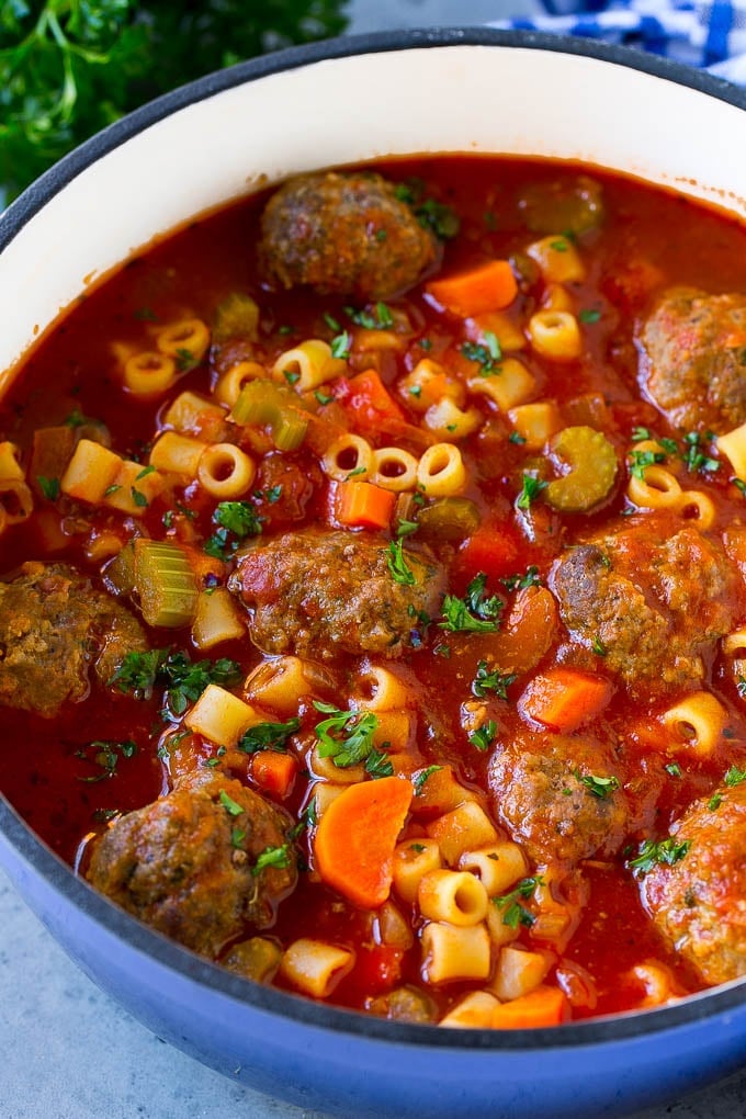 Italian Meatball Soup Recipe | Meatball Soup | Beef Meatballs #meatballs #beef #soup #italian #dinner #ezlod #comfortfood Italian meatball soup with beef meatballs, ditalini pasta and vegetables in a tomato broth.